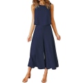 Miniatyrbild 1 av 5: Roylamp Women's Summer 2-delade outfits Rundhalsad Crop Basic Top Beskuren Byxa Set med vida ben Jumpsuits Navy Blue Medium