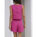 Pikkukuva 4 / 5: Naisten 2-osaiset asut yhteensopivat setit, pellavashortsit Crop Topit set Rose red L