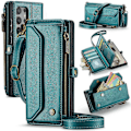 Miniatyrbilde 1 av 5: Crossbody Lommebokveske For Samsung Galaxy Z Fold 6 med RFID-Blokkering, Magnetisk Klaff Glidelås Kortlomme Lærveske med Håndstropp Blue Green For Galaxy Z Fold 6