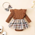 Miniatyrbillede 2 af 6: Babypige Efterårs- og Vintertøjssæt - Plaid Romper Kjole med Ruffler, Langærmet, Jumpsuit med Buespænd 12-18M