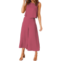Miniatyrbilde 2 av 5: Roylamp sommerantrekk for kvinner i 2 deler Rundhalset Crop Basic Topp Beskåret buksesett med brede ben, Jumpsuits Dark Fuchsia Small