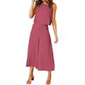 Miniatyrbillede 2 af 5: Roylamp Sommer-outfits til kvinder i 2 dele Rundhalset Crop Basic Top Beskåret Bukser med brede ben, Jumpsuits Dark Fuchsia X-Small