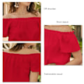 Miniatyrbillede 2 af 7: Kvinde Solid Farve Kortærmet Ruffle Trim Off Shoulder Løs Sommer Bluse Rød