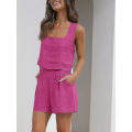 Pikkukuva 3 / 5: Naisten 2-osaiset asut yhteensopivat setit, pellavashortsit Crop Topit set Rose red L