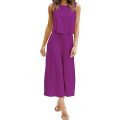 Miniatyrbild 2 av 5: Roylamp Women's Summer 2-delade outfits Rundhalsad Crop Basic Top Beskuren Byxa Set med vida ben Jumpsuits Purple Medium