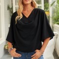 Miniatyrbilde 5 av 5: Ruched-overdeler for kvinner V-hals Kort flaggermus-erm Løs ren farge Kvinner Uformell bluse til fest kontorreiser Black S