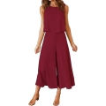 Miniatyrbild 1 av 5: Roylamp Women's Summer 2-delade outfits Rundhalsad Crop Basic Top Beskuren Byxa Set med vida ben Jumpsuits Burgundy Small