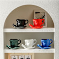 Miniatyrbillede 3 af 4: 2024 Tekop og underkop sæt Keramisk kyssepar kaffekrus sæt med ske ansigt kaffekop Unik tekop og underkop Valentinsdag julekreati blue