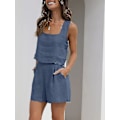 Pikkukuva 3 / 5: Naisten 2-osaiset asut yhteensopivat setit, pellavashortsit Crop Topit set Navy blue M