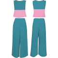 Miniatyrbilde 5 av 5: Roylamp sommerantrekk for kvinner i 2 deler Rundhalset Crop Basic Topp Beskåret buksesett med brede ben, Jumpsuits Contrast Blue Medium