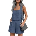 Pikkukuva 1 / 5: Naisten 2-osaiset asut yhteensopivat setit, pellavashortsit Crop Topit set Navy blue M