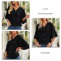 Miniatyrbilde 3 av 5: Ruched-overdeler for kvinner V-hals Kort flaggermus-erm Løs ren farge Kvinner Uformell bluse til fest kontorreiser Black S