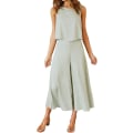 Miniatyrbild 1 av 5: Roylamp Women's Summer 2-delade outfits Rundhalsad Crop Basic Top Beskuren Byxa Set med vida ben Jumpsuits Light Green Small