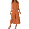 Miniatyrbild 1 av 5: Roylamp Women's Summer 2-delade outfits Rundhalsad Crop Basic Top Beskuren Byxa Set med vida ben Jumpsuits Dark Orange Medium