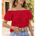 Miniatyrbillede 4 af 7: Kvinde Solid Farve Kortærmet Ruffle Trim Off Shoulder Løs Sommer Bluse Rød