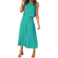 Miniatyrbilde 2 av 5: Roylamp sommerantrekk for kvinner i 2 deler Rundhalset Crop Basic Topp Beskåret buksesett med brede ben, Jumpsuits Peafowl Green Small