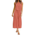 Miniatyrbilde 2 av 5: Roylamp sommerantrekk for kvinner i 2 deler Rundhalset Crop Basic Topp Beskåret buksesett med brede ben, Jumpsuits Orange Medium
