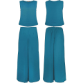 Miniatyrbild 5 av 5: Roylamp Women's Summer 2-delade outfits Rundhalsad Crop Basic Top Beskuren Byxa Set med vida ben Jumpsuits Lake Blue X-Small