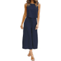 Miniatyrbilde 2 av 5: Roylamp sommerantrekk for kvinner i 2 deler Rundhalset Crop Basic Topp Beskåret buksesett med brede ben, Jumpsuits Navy Blue X-Small