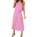 Miniatyrbild 3 av 5: Roylamp Women's Summer 2-delade outfits Rundhalsad Crop Basic Top Beskuren Byxa Set med vida ben Jumpsuits Light Cherry Pink Large
