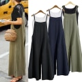 Miniatyrbillede 1 af 2: Afslappet løs jumpsuit til kvinder, sommer, ensfarvet bomuldslinned, stropper, brede ben, bukser, dungaree, hagesmæk, overalls, ærmeløs, oversized jumpsuits Green L