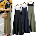 Miniatyrbillede 1 af 2: Afslappet løs jumpsuit til kvinder, sommer, ensfarvet bomuldslinned, stropper, brede ben, bukser, dungaree, hagesmæk, overalls, ærmeløs, oversized jumpsuits Green M