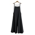 Miniatyrbilde 2 av 2: Avslappet løs jumpsuit for kvinner, sommer, ensfarget bomullslin, stropper, vide ben, bukse, dungaree, hagesmekker, ermeløs, oversized jumpsuit Black M
