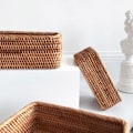 Miniatyrbillede 2 af 4: Håndlavet rektangulær vævning rattan flettet kurv frugtbakke brød håndstrikket etui enkel bærbar picnic opbevaringsboks hjem køkkenartikler dekoration A2