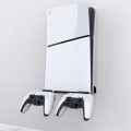 Miniatyrbilde 1 av 5: Veggfestebrakett for PS5 Slim med dobbel kontrollerholder, metallveggmontert baseholder arrangør oppbevaring hengeren for PS5 Slim black