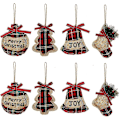Miniatyrbillede 1 af 5: Julepynt Træpynt, 8 stk. Rød Sort Buffalo Check Plaid Syning Burlap Hængende Ornamenter, Træ Kugle Klokke Strømpeformet Hængende De