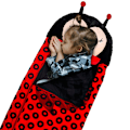 Pikkukuva 2 / 8: (optimoitu tieto) Viihtyisä lasten makuupussi nukkeineen, pehmeä pyjama-uniriepu, 126*43cm, musta leppäkerttukuvio