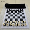 Miniatyrbilde 2 av 4: Sjakksett konge høyde 65mm musematte sjakkbrett 35cm (glidelås oppbevaringspose + sjakkbrett + sjakkbrikker)