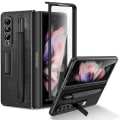 Miniatyrbilde 1 av 4: Lærveske kompatibel med Samsung Galaxy Z Fold 3 med S Pen-holder, innebygd magnetisk støttebeskyttende deksel Black