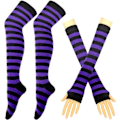 Pikkukuva 1 / 5: Pitkät neulotut lapaset Polvenkorkuiset raidalliset sukat Legginsit Juhlapuvun tarvikkeet 2 parin setti, Musta ja Violetti, Yksi koko Violetti Purple