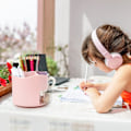 Miniatyrbillede 4 af 4: Roterende Pen- og Blyantsholder, 4 Rum Pen Pot - Skrivebordsstationær Opbevaring Makeupbørsteholder til Hjem og Kontor Pink