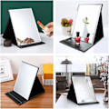 Miniatyrbillede 5 af 6: Bærbar Foldbar Makeup Spejl Sort PU Læder Rejse Spejl med Stativ Skrivebord Vanity Spejl til Rejser Camping (17 * 12,2 cm)