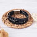 Miniatyrbild 4 av 5: Armband i äkta svart läder för män med spänne i rostfritt stål