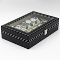 Miniatyrbilde 3 av 3: Watchbox Urboks for 12 klokker med vindu svart med hvit søm Svart