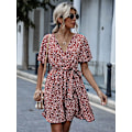 Miniatyrbillede 3 af 4: HAUFR Kvinders Sommer Polka Dots V-hals Flæser Cap Sleeve A Line Mini Kjole Red and White X-Large