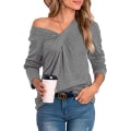 Miniatyrbillede 3 af 4: Dame top efterår afslappet pullover skjorte V-hals ensfarvet bluse Long Sleeve XL
