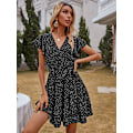 Miniatyrbillede 4 af 4: HAUFR Kvinders Sommer Polka Dots V-hals Flæser Cap Sleeve A Line Mini Kjole Black X-Large