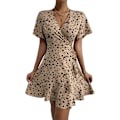 Miniatyrbillede 1 af 4: HAUFR Kvinders Sommer Polka Dots V-hals Flæser Cap Sleeve A Line Mini Kjole Khaki X-Small