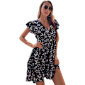 Miniatyrbillede 1 af 4: HAUFR Kvinders Sommer Polka Dots V-hals Flæser Cap Sleeve A Line Mini Kjole Deep Blue X-Large