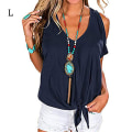 Miniatyrbilde 2 av 4: Dame T-skjorte V-hals kald skulder topp kortermet Casual Dark Blue L