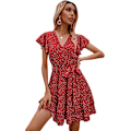 Miniatyrbillede 3 af 4: HAUFR Kvinders Sommer Polka Dots V-hals Flæser Cap Sleeve A Line Mini Kjole Red X-Large