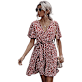 Miniatyrbillede 1 af 4: HAUFR Kvinders Sommer Polka Dots V-hals Flæser Cap Sleeve A Line Mini Kjole Red and White X-Large