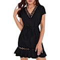 Miniatyrbillede 1 af 4: HAUFR Kvinders Sommer Polka Dots V-hals Flæser Cap Sleeve A Line Mini Kjole Black Solid X-Large