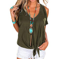 Miniatyrbilde 3 av 5: Dame T-skjorte V-hals kald skulder topp kortermet Casual Army Green L