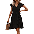 Miniatyrbillede 4 af 4: HAUFR Kvinders Sommer Polka Dots V-hals Flæser Cap Sleeve A Line Mini Kjole Black Dull X-Large