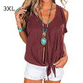 Miniatyrbilde 1 av 5: Dame T-skjorte V-hals kald skulder topp kortermet Casual Wine Red 3XL